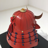 【O-062-K】Dark blue thread laced black barrel shoulder guards two-piece cuirass armor with period lacquer finish (helmet only):濃紺糸威赤桶側二枚胴具足(時代塗)(兜のみ)