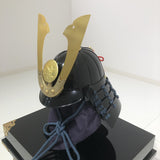 【O-058-K】Dark blue thread laced black barrel shoulder guards two-piece cuirass armor with a helmet featuring a kuwagata (horn-shaped crest) (helmet only):紺糸威黒桶側二枚胴具足(鍬形)(兜のみ)