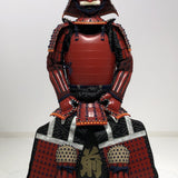 【O-079】Deep navy blue thread laced red matte riveted two-piece cuirass armor with peach-shaped helmet：濃紺糸威赤艶消鋲綴二枚胴具足（桃形兜)