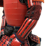 【O-079】Deep navy blue thread laced red matte riveted two-piece cuirass armor with peach-shaped helmet：濃紺糸威赤艶消鋲綴二枚胴具足（桃形兜)