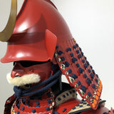 【O-079】Deep navy blue thread laced red matte riveted two-piece cuirass armor with peach-shaped helmet：濃紺糸威赤艶消鋲綴二枚胴具足（桃形兜)