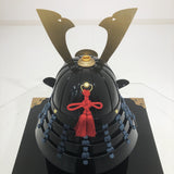【O-058-K】Dark blue thread laced black barrel shoulder guards two-piece cuirass armor with a helmet featuring a kuwagata (horn-shaped crest) (helmet only)：紺糸威黒桶側二枚胴具足（鍬形）（兜のみ）