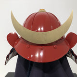 【O-079】Deep navy blue thread laced red matte riveted two-piece cuirass armor with peach-shaped helmet：濃紺糸威赤艶消鋲綴二枚胴具足（桃形兜)