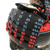 【O-055】Navy and red thread laced chest-fastened black barrel shoulder guards two-piece cuirass armor with twelve-plated helmet (hand-painted traditional lacquer finish)：紺赤糸威胸取黒桶側二枚胴具足・十二間兜（手時代塗）