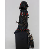 【O-055】Navy and red thread laced chest-fastened black barrel shoulder guards two-piece cuirass armor with twelve-plated helmet (hand-painted traditional lacquer finish)：紺赤糸威胸取黒桶側二枚胴具足・十二間兜（手時代塗）