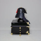 【O-065-K】Deep navy blue thread laced black barrel shoulder guards two-piece cuirass armor with hand-painted traditional lacquer finish (helmet only)：濃紺糸威黒桶側二枚胴具足（手時代塗）（兜のみ）