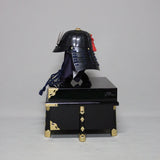 【O-065-K】Deep navy blue thread laced black barrel shoulder guards two-piece cuirass armor with hand-painted traditional lacquer finish (helmet only)：濃紺糸威黒桶側二枚胴具足（手時代塗）（兜のみ）