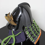 【O-030-K】Yellowish green thread laced vertical joined two-piece cuirass armor (helmet only)：萌黄糸威縦矧二枚胴具足（兜のみ）