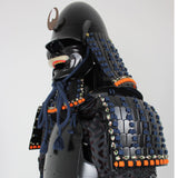 【O-052】Dark blue thread laced black matte riveted two-piece cuirass armor with acorn-shaped helmet：紺糸威黒艶消鋲綴二枚胴具足（椎形兜）