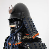 【O-052】Dark blue thread laced black matte riveted two-piece cuirass armor with acorn-shaped helmet：紺糸威黒艶消鋲綴二枚胴具足（椎形兜）