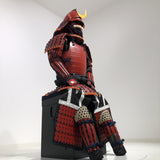【O-079】Deep navy blue thread laced red matte riveted two-piece cuirass armor with peach-shaped helmet：濃紺糸威赤艶消鋲綴二枚胴具足（桃形兜)